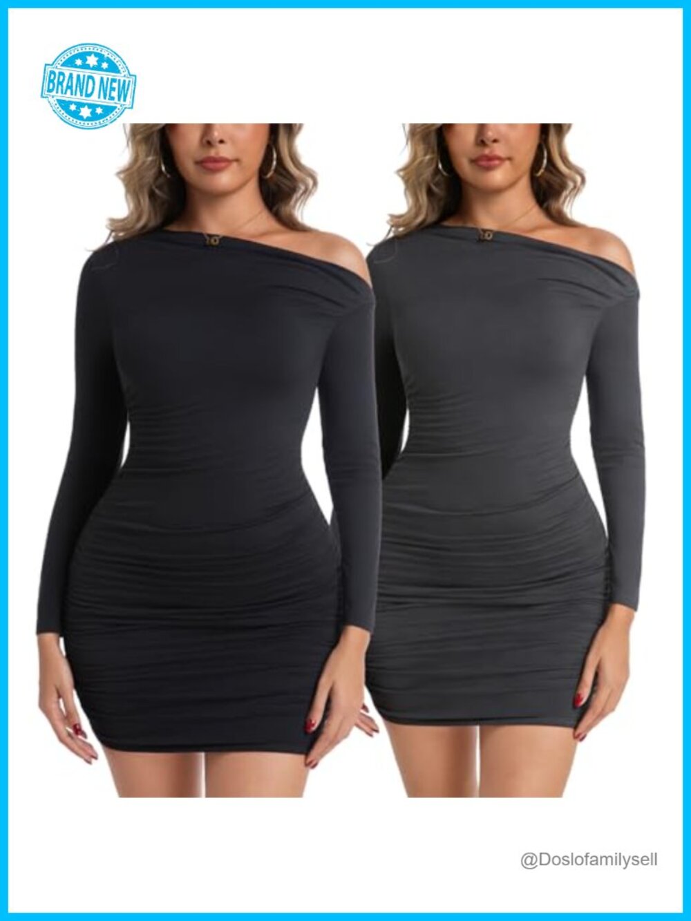 2 Piece Off Shoulder Long Sleeve Ruched Bodycon Mini Dress Cocktail Party